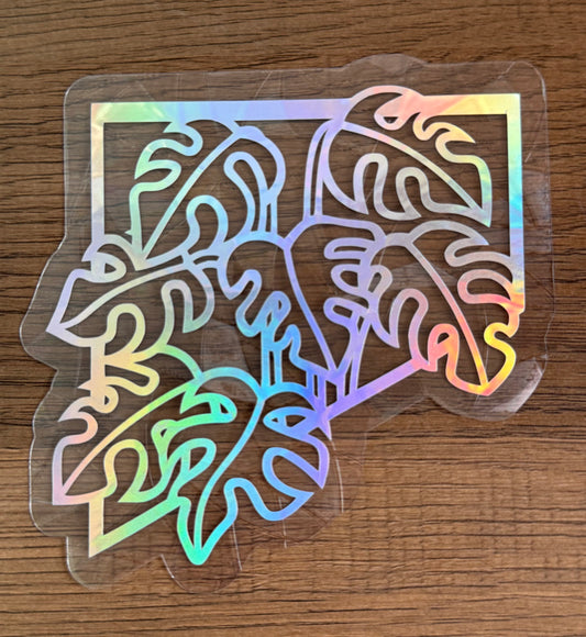 Monstera leaf rainbow window cling creating colorful prism reflections on a sunny window